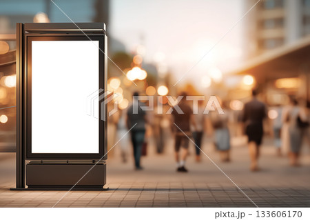 Street banner mockup with single-color base and warm blurred pedestrian motion Street banner mockup with single-color base and warm blurred pedestrian motion 133606170