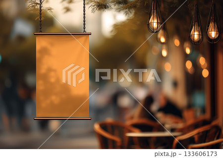 Cafe terrace banner mockup with single-color base and warm blurred ambient lighting Cafe terrace banner mockup with single-color base and warm blurred ambient lighting 133606173