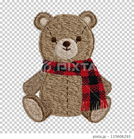 【戴著圍巾的泰迪熊】手工刺繡插畫素材 133606293