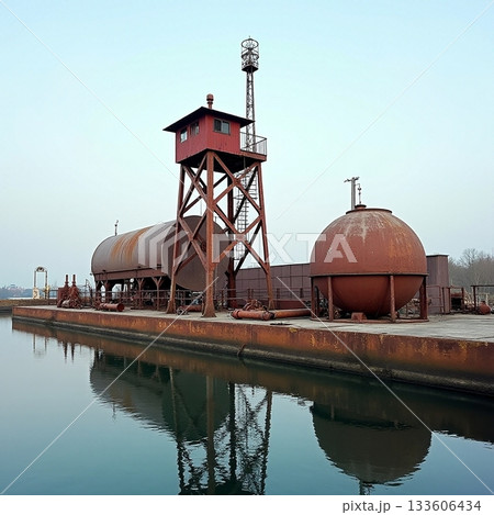 Rusty industrial structures reflect on calm water surface Generative AI 133606434