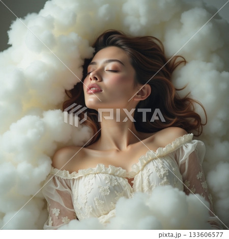 Woman resting peacefully among soft, fluffy...のイラスト素材 [133606577] - PIXTA