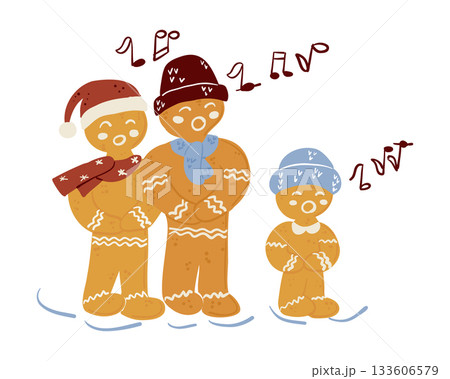 Gingerbread characters sing together in a cheerful winter scene with musical notes above them. The concept expresses holiday caroling, christmas joy and warm seasonal togetherness Gingerbread characters sing together in a cheerful winter scene with musical notes above them. The concept expresses holiday caroling, christmas joy and warm seasonal togetherness 133606579