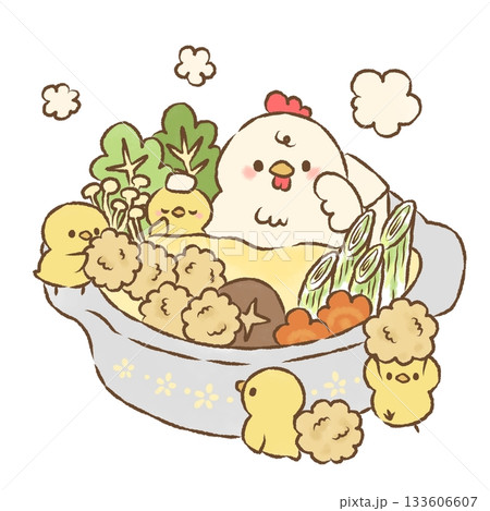 鶏団子鍋　いい湯だなニワトリさんとヒヨコさん 133606607