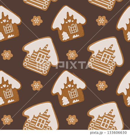 Gingerbread houses with snowy icing create a seamless festive pattern on a dark background. The concept reflects cozy holiday baking, christmas warmth and charming winter decoration Gingerbread houses with snowy icing create a seamless festive pattern on a dark background. The concept reflects cozy holiday baking, christmas warmth and charming winter decoration 133606630