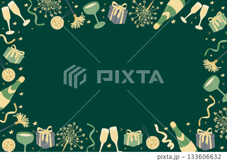 Festive champagne glasses, gifts, sparklers and ribbons form a decorative frame on a dark green background. The concept expresses celebration, holiday joy and elegant party atmosphere Festive champagne glasses, gifts, sparklers and ribbons form a decorative frame on a dark green background. The concept expresses celebration, holiday joy and elegant party atmosphere 133606632