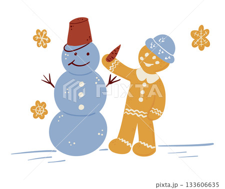 A gingerbread character builds a snowman in a playful winter scene with scattered snowflake cookies. The concept captures holiday fun, seasonal joy and cheerful christmas spirit A gingerbread character builds a snowman in a playful winter scene with scattered snowflake cookies. The concept captures holiday fun, seasonal joy and cheerful christmas spirit 133606635