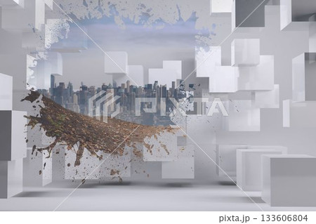 Fragmented city skyline is appearing through abstract floating cubes in 3D render with soil splash 133606804