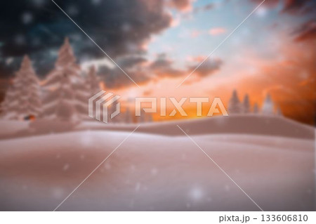 Flat design scene is showing snowdrifts framing glowing sunset sky with pine trees, falling flakes 133606810
