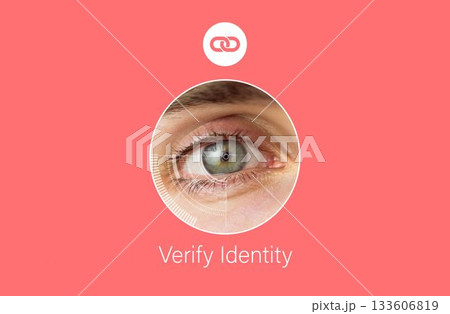 Flat design showing coral red background with chain icon, eye scanning frame, Verify Identity text 133606819