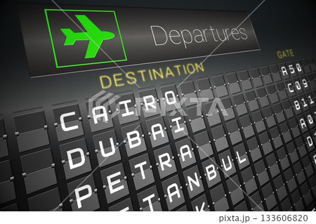Black departures board for cities 133606820