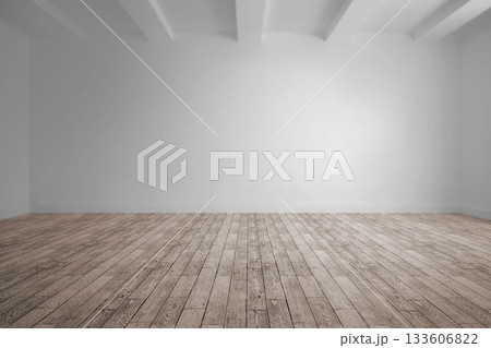 Empty room interior is being shown in flat design, highlighting wooden floor and ceiling beams Empty room interior is being shown in flat design, highlighting wooden floor and ceiling beams 133606822