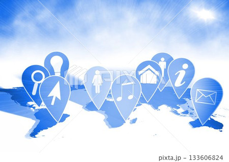 Digital illustration showing nine translucent map markers over world map with sunburst rays, icons 133606824