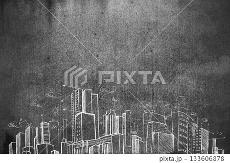Chalk sketch is showing city skyline on dark textured board with clouds sun arrows airplane swirls 133606878
