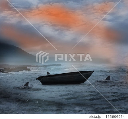 Sail boat being circled by sharks Sail boat being circled by sharks 133606934