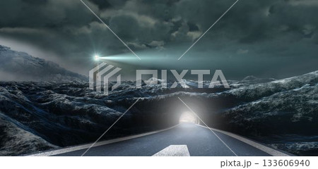 Paved road with arrow is stretching toward glowing tunnel in flat design with lighthouse beam Paved road with arrow is stretching toward glowing tunnel in flat design with lighthouse beam 133606940