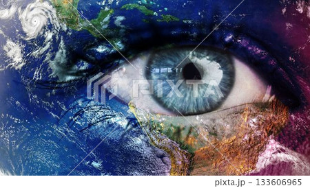 Blue human eye is merging with satellite Earth in surreal digital art showing hurricane, landmasses 133606965