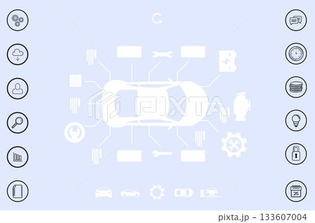White car schematic is being shown in flat dashboard interface with component callouts and UI icons 133607004