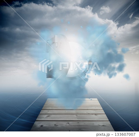 Open safe in sky over ocean Open safe in sky over ocean 133607007