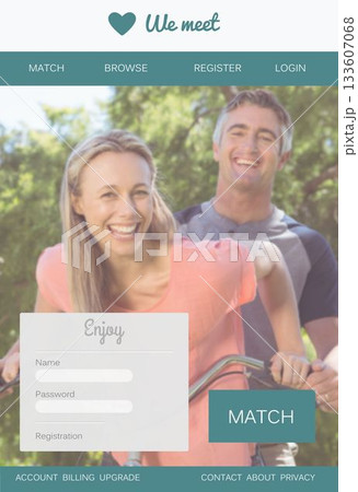 Mature couple is cycling through sunlit park under flat design dating interface with heart logo Mature couple is cycling through sunlit park under flat design dating interface with heart logo 133607068