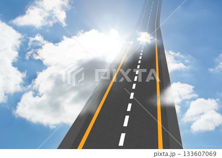 Flat design highway with yellow edges, dashed line is climbing into fluffy clouds against blue sky Flat design highway with yellow edges, dashed line is climbing into fluffy clouds against blue sky 133607069
