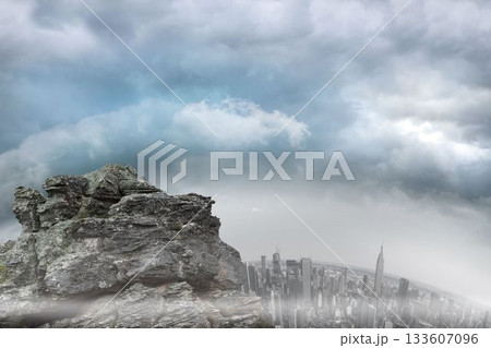 Jagged rock formation is towering on high cliff edge in flat design, with misty skyscraper skyline 133607096