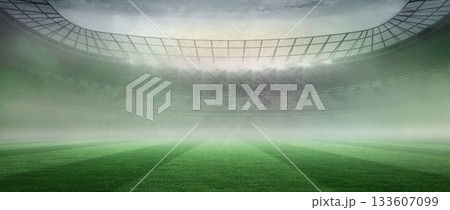 Flat design art is showcasing grass field with seating tiers under curved roof trusses, floodlights 133607099
