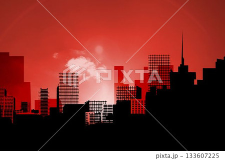 Vector design is showing black skyline under glowing red sky featuring bright orb and white cloud 133607225