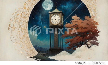 ゲーム背景　ワープ門から見える満月の夜の時計台と紅葉 133607280