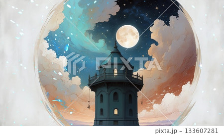 ゲーム背景　ワープ門から見える夜の宮殿キラキラの破片 133607281