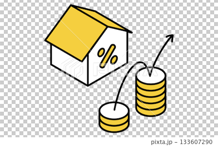 不動産購入、住宅ローンの変動金利や金利上昇のシンプルな線画アイソメトリックイラスト 133607290