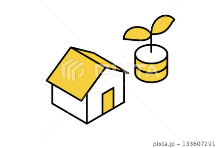 不動産購入、資産価値のある住宅のシンプルな線画アイソメトリックイラスト 133607291