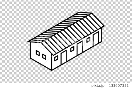 不動産購入、タウンハウス、長屋のシンプルな線画アイソメトリックイラスト、白黒 133607331