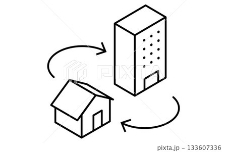 不動産購入、戸建てとマンションの住み替えイメージのシンプルな線画アイソメトリックイラスト、白黒 不動産購入、戸建てとマンションの住み替えイメージのシンプルな線画アイソメトリックイラスト、白黒 133607336