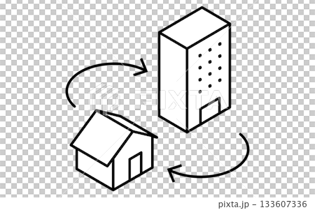 簡單的線條等距插圖，描繪了房地產購買、房屋和公寓之間的轉換，黑白風格。 133607336
