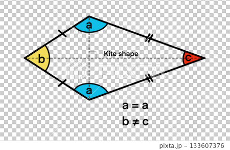 educational diagram of a kite-shaped quadrilateral showing equal side pairs, labeled angles, and symmetry lines, used to teach geometric properties where angle b differs from angle c educational diagram of a kite-shaped quadrilateral showing equal side pairs, labeled angles, and symmetry lines, used to teach geometric properties where angle b differs from angle c 133607376