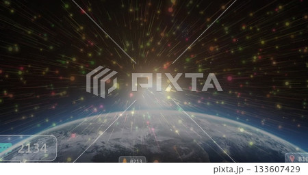 Showing curved Earth surface emerging in space, with radiant light rays and multicolored particles Showing curved Earth surface emerging in space, with radiant light rays and multicolored particles 133607429