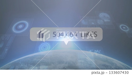 Showing interface bubble displaying thumbs-up and 504,464 likes over Earth with translucent HUD 133607430