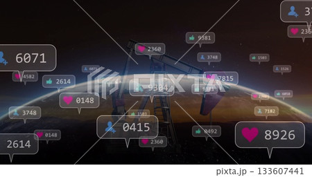 Showing oil pumpjack silhouette rising on planet horizon, displaying floating social media metrics 133607441