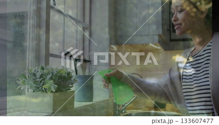 Misting Asian woman spraying water onto plant at kitchen windowsill, with green sprayer, copy space Misting Asian woman spraying water onto plant at kitchen windowsill, with green sprayer, copy space 133607477