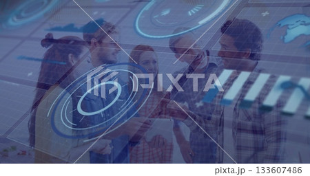 Collaborating team examining holographic display in modern office, with tablet and stylus 133607486