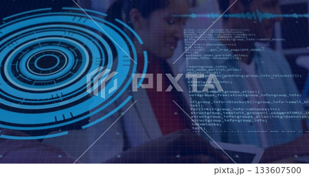 IT professionals in suits interacting in office with tablet, holographic HUD, code panels IT professionals in suits interacting in office with tablet, holographic HUD, code panels 133607500
