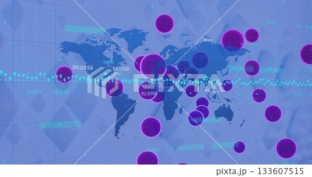 Displaying map on data dashboard with purple markers, numeric labels, dashed line, triangular grid Displaying map on data dashboard with purple markers, numeric labels, dashed line, triangular grid 133607515
