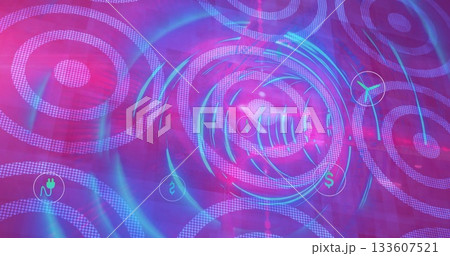 Digital interface displaying pink and blue circles on screen, with floating technology icons Digital interface displaying pink and blue circles on screen, with floating technology icons 133607521