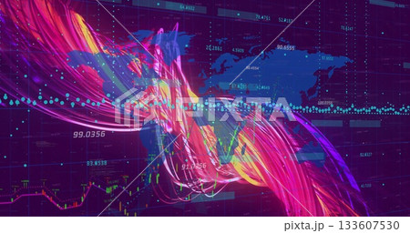 Displaying abstract data ribbons flowing across world map on grid interface, with numeric labels Displaying abstract data ribbons flowing across world map on grid interface, with numeric labels 133607530
