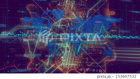 Displaying orange vector field swirling on dark code grid, overlaying green and blue line graphs Displaying orange vector field swirling on dark code grid, overlaying green and blue line graphs 133607532