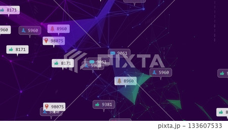 Displaying network cluster pulsing at tech dashboard, with floating notification bubbles and mesh Displaying network cluster pulsing at tech dashboard, with floating notification bubbles and mesh 133607533