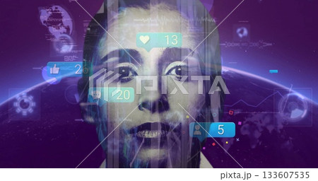 Floating grayscale female face projecting cyan heart thumbs-up comment icons over Earth horizon Floating grayscale female face projecting cyan heart thumbs-up comment icons over Earth horizon 133607535