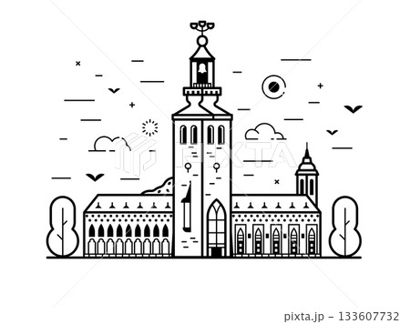 Stockholm City Hall Travel Landmark in Line Art Stockholm City Hall Travel Landmark in Line Art 133607732