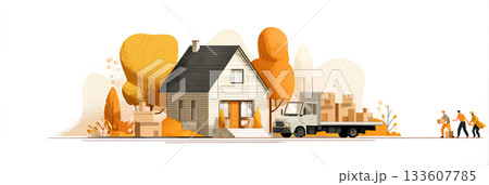 引越しの風景（背景白・横長）／まみおデザイン働くシリーズ 133607785