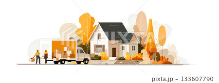 引越しの風景（背景白・横長）／まみおデザイン働くシリーズ 133607790